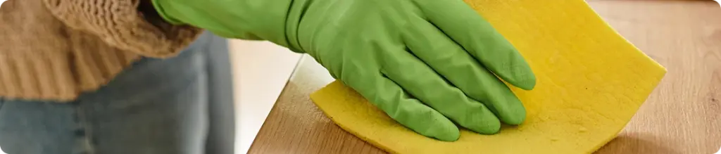 Due persone che puliscono insieme una cucina moderna usando prodotti ecologici e panni in microfibra.